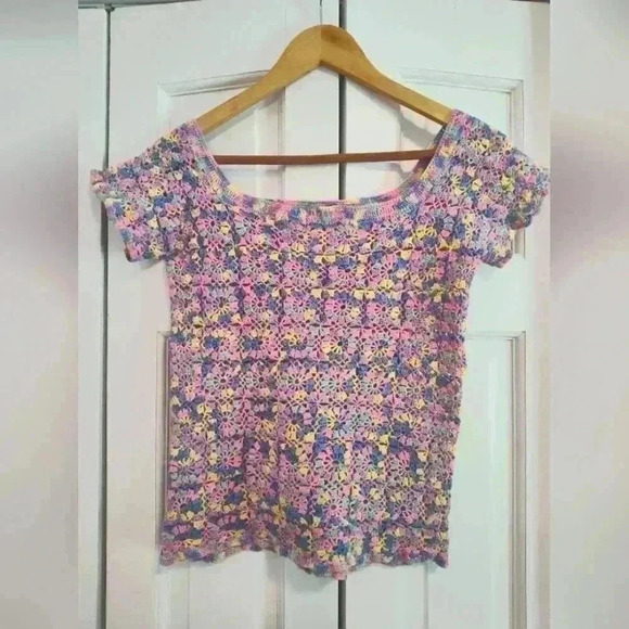 Homemade Multi colored crochet top | Short Sleeve | Size Small - Picture 1 of 4